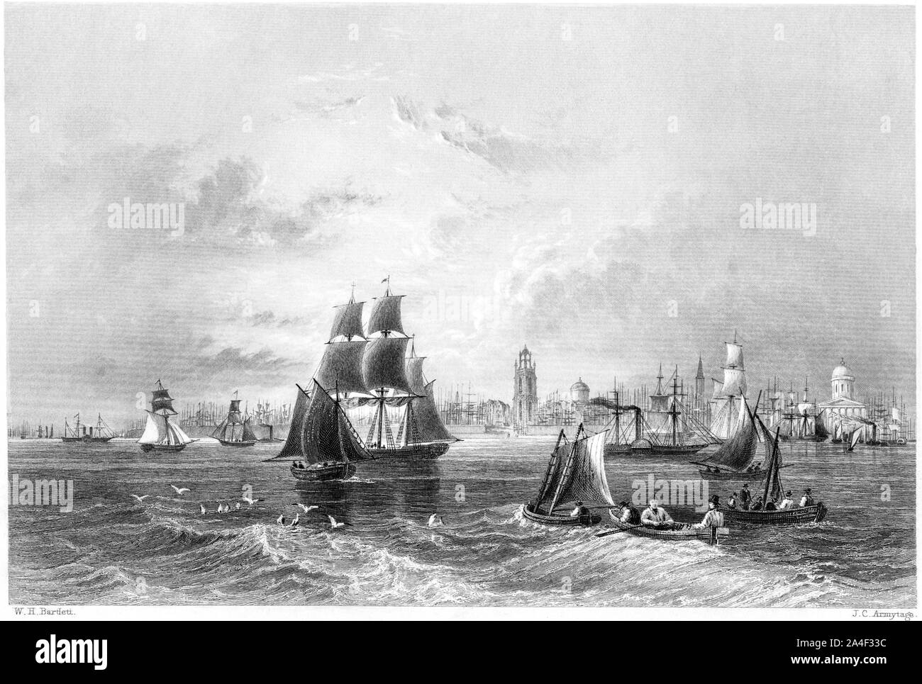 Une gravure du Mersey à Liverpool numérisée en haute résolution à partir d'un livre imprimé en 1842. Je pensais libre de droits d'auteur. Banque D'Images