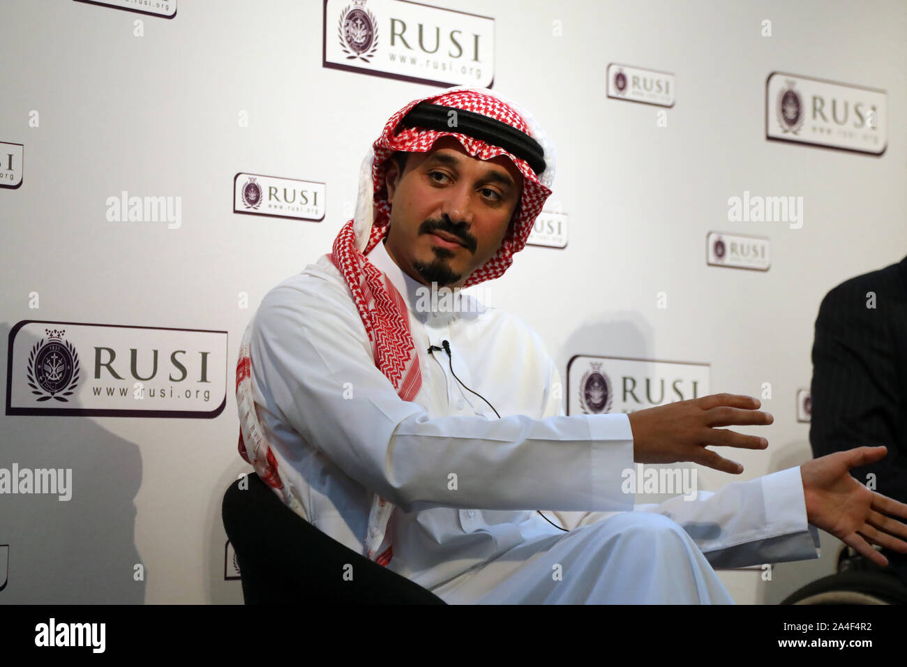 London / UK - 14 octobre 2019 : Prince Khalid Bin Saud al Bander, l'Arabie saoudite à l'ambassadeur du Royaume-Uni, parlant au Royal United Services Institute (RUSI) Banque D'Images