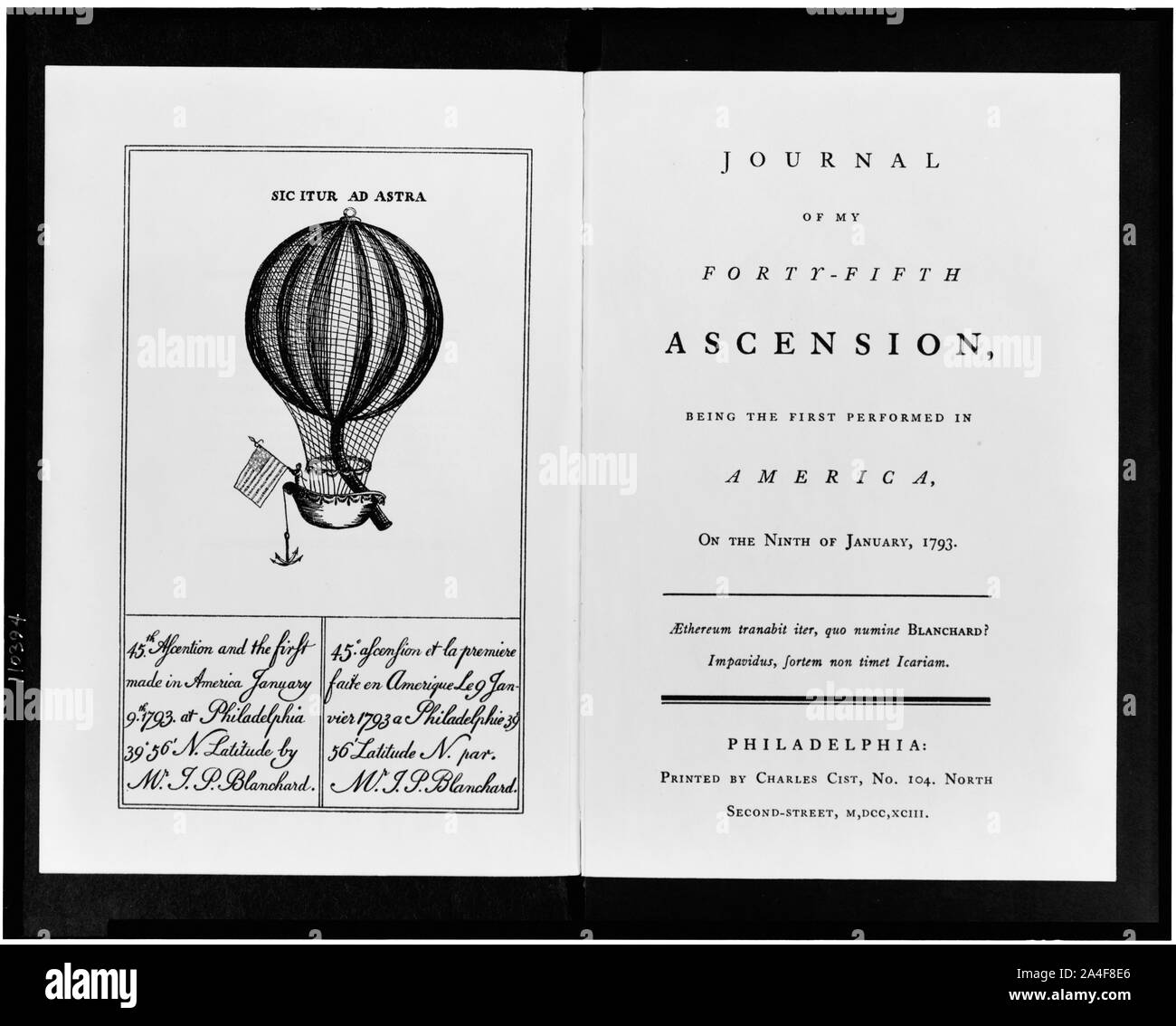 Page de titre et frontispice de Jean-Pierre Blanchard's Journal de mes quarante-cinquième ascension..., montrant un ballon avec un homme tenant un drapeau américain Banque D'Images