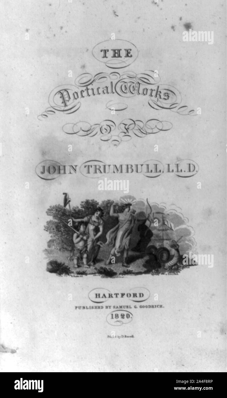 Page de titre de The Poetical Works of John Trumbull, Hartford, 1820, illustré avec l'homme avec arc et flèches, femme, avec Liberty Cap sur perche, garçon avec une épée, et serpent de mer. Banque D'Images