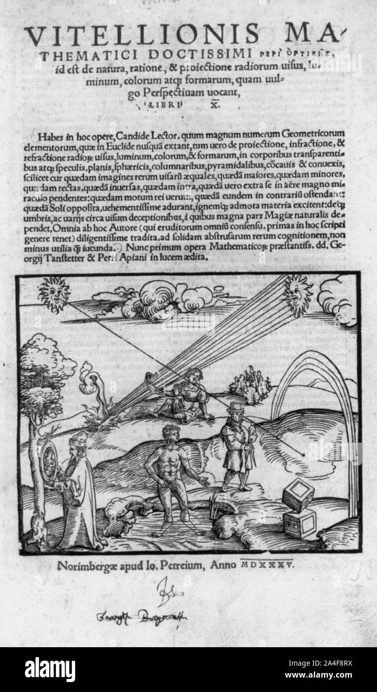 Page de titre de Witelo, De Natura, ill. de composites de divers phénomènes de sciences naturelles : miroir Banque D'Images