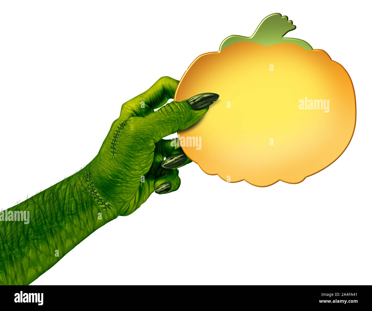 Zombie hand holding a blank carte citrouille signe sur une vue de côté comme un symbole effrayant ou halloween creepy avec texture peau verte ridée monster. Banque D'Images