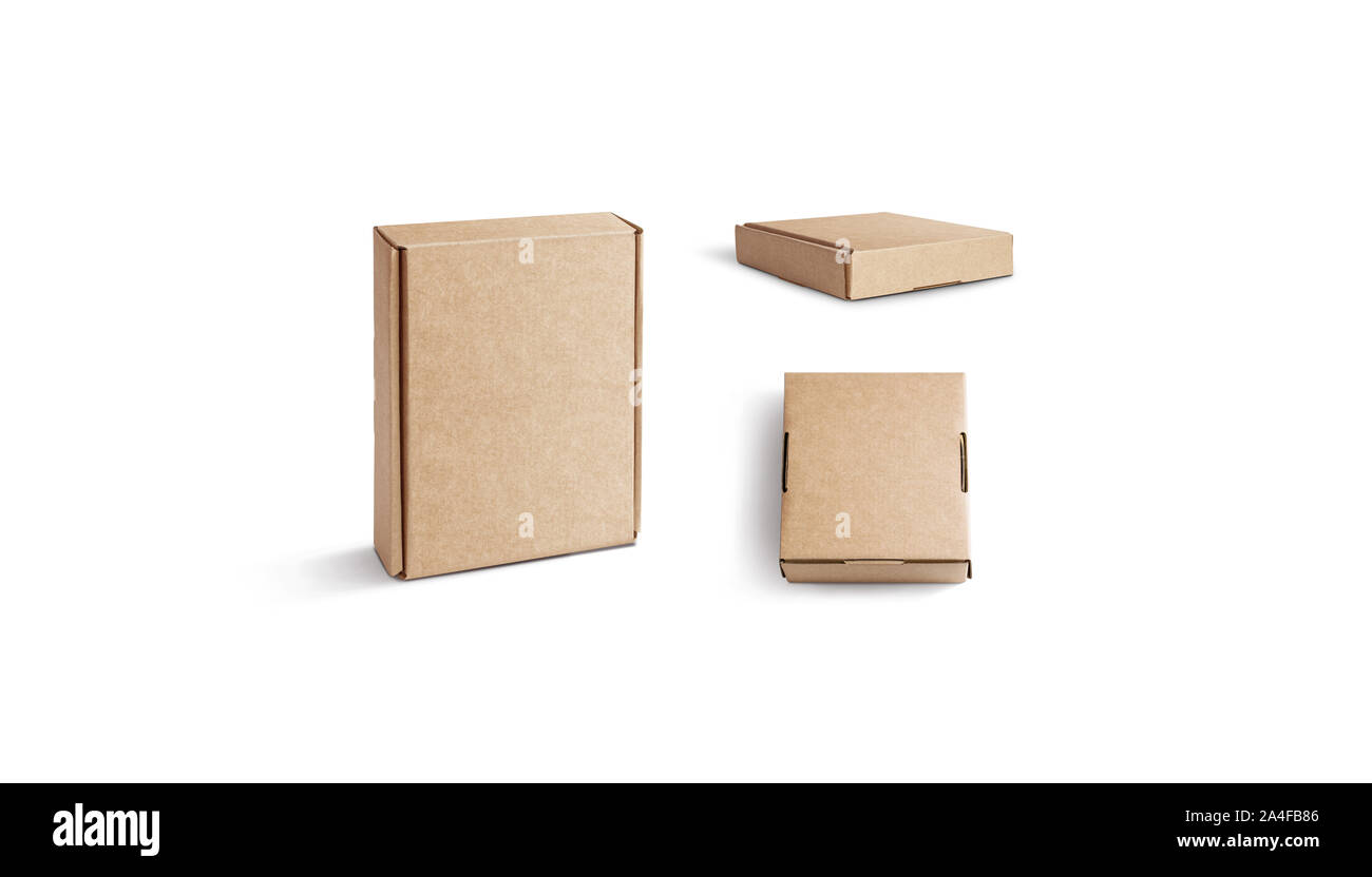 Maquette de boîte ondulée artisanale vierge isolée, debout et couchée Banque D'Images