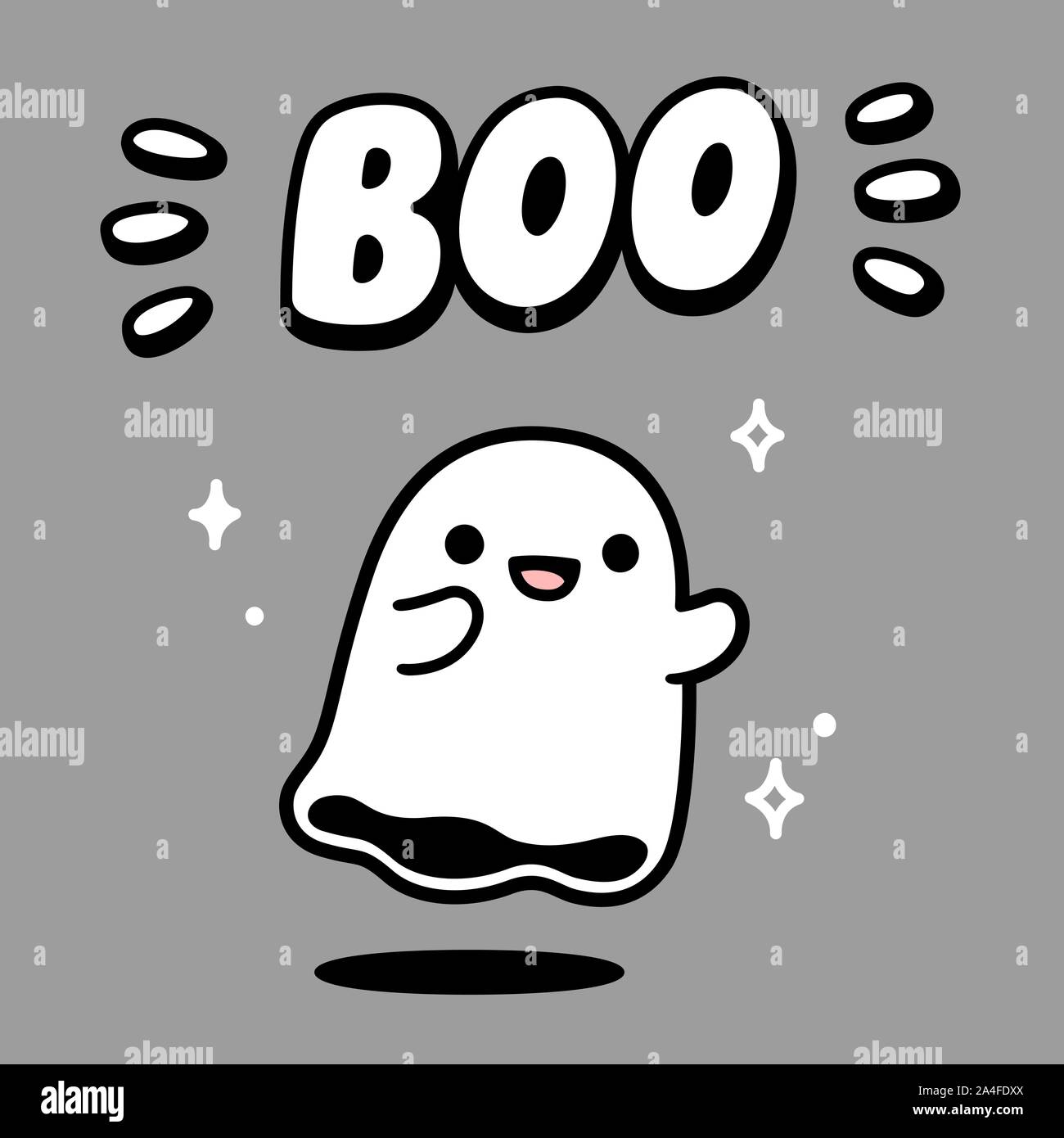 Cute cartoon ghost dessin avec texte dessiné à la main, Boo. Drôle Halloween illustration vectorielle. Illustration de Vecteur