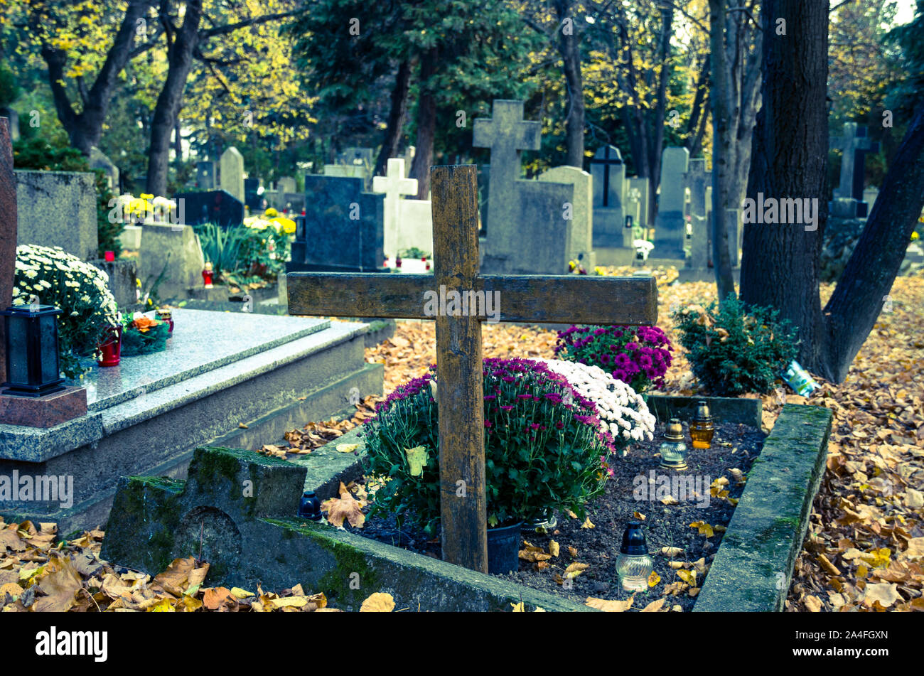 Croix sur grave dans le cimetière d'automne Banque D'Images