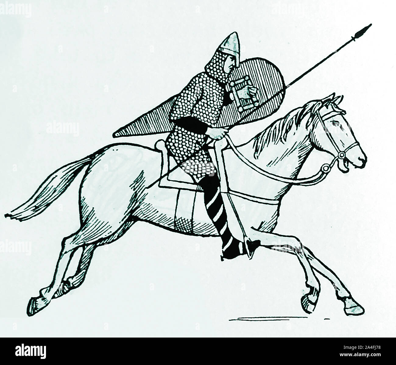 Une vieille illustration montrant un Norman horse-rider (Miles / milite) avec son bouclier, épée/lance, chaîne-mail et le casque Banque D'Images
