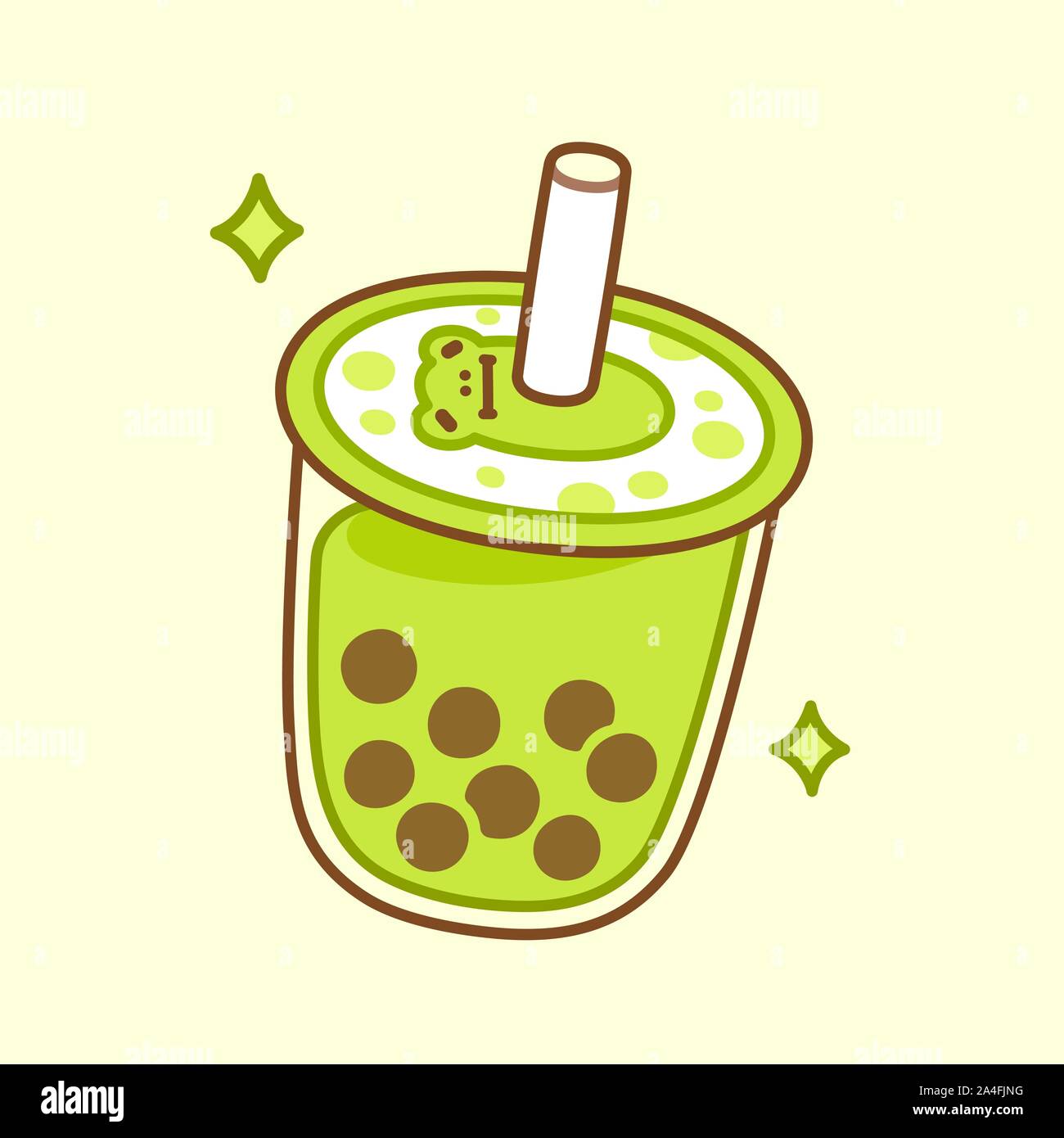 Cute cartoon green bubble tea cup dessin. Smoothie lait Matcha avec perles de tapioca et kawaii grenouille mascotte. Hand drawn vector illustrat boisson thé boba Illustration de Vecteur