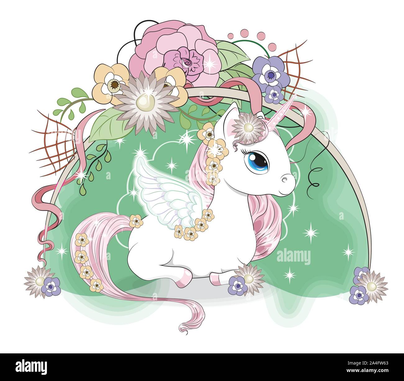 White Magic avec unicorn. aile crinière et la queue rose, et des yeux bleus, dans jardin fleuri. La photo dans la main, le style de dessin peut être utilisé pour t-shirt print, Illustration de Vecteur