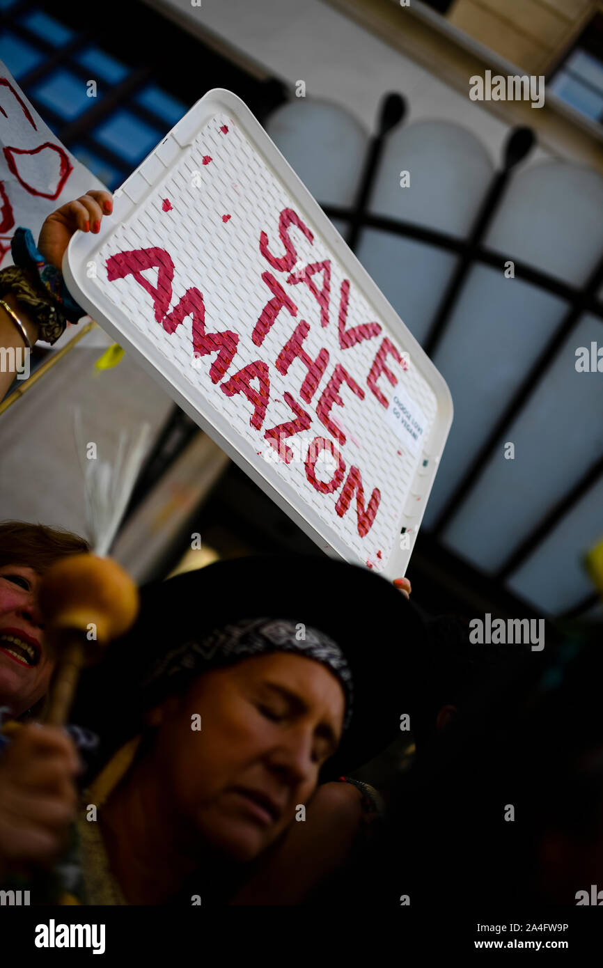Londres, Royaume-Uni. "Sauvez l'Amazon' affiche à l'extérieur de l'ambassade du Brésil au cours d'une rébellion d'extinction de protestation. Banque D'Images