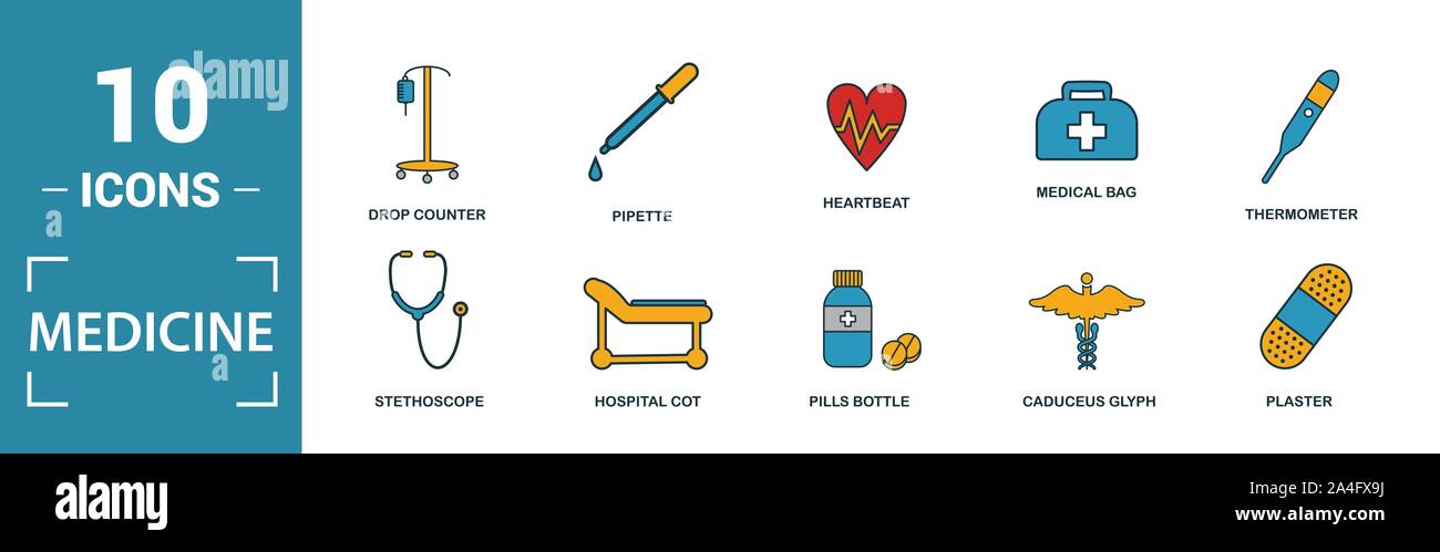 Médicament icon set. Inclure des éléments créatifs sac médical, pilules, mélange, ADN, icônes pipette. Peut être utilisé pour rapport, présentation, dessin, web Illustration de Vecteur