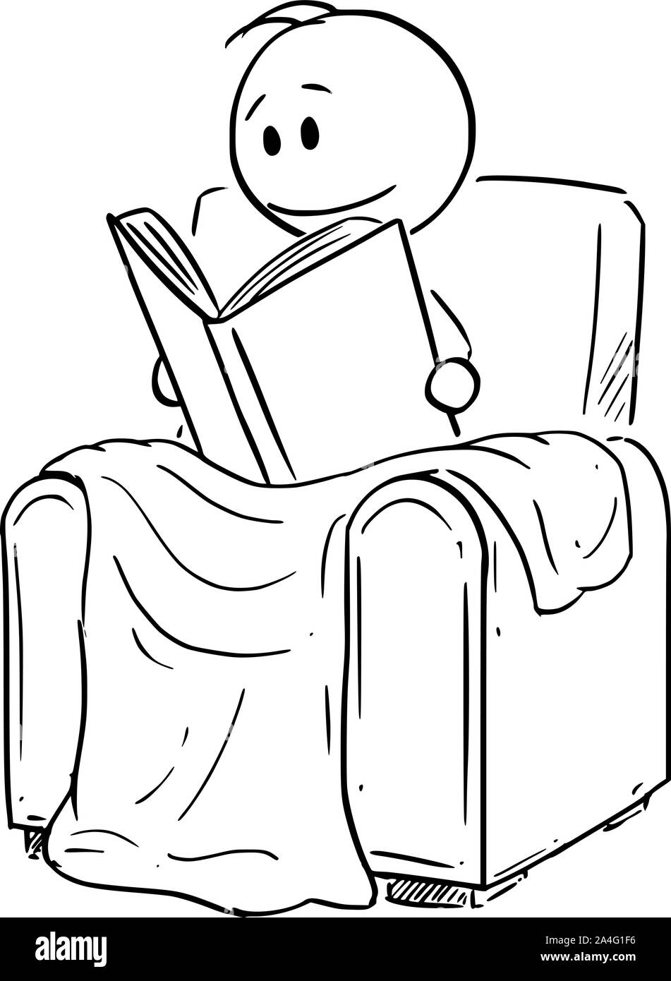 Vector cartoon stick figure dessin illustration conceptuelle de l'homme de l'emplacement en vertu de contrat cadre dans un fauteuil confortable ou président et la lecture du livre. Illustration de Vecteur