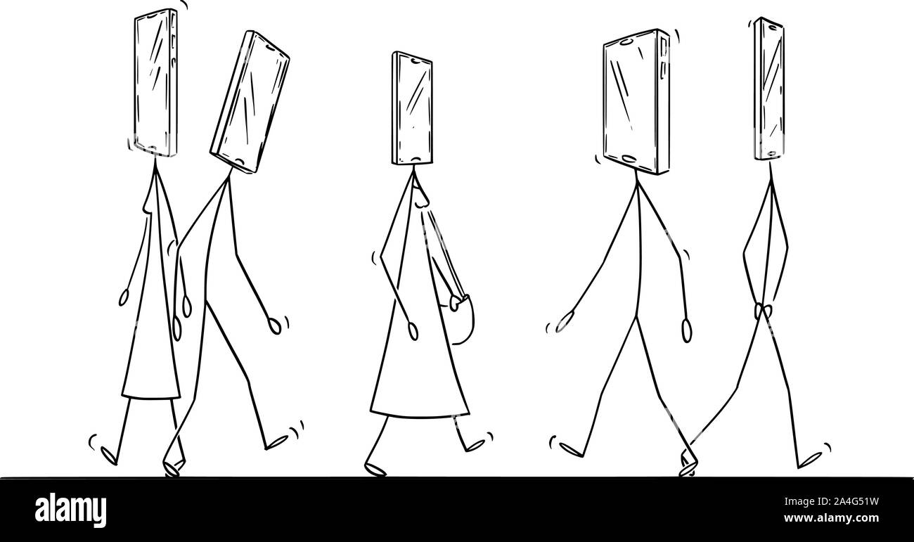 Vector cartoon stick figure dessin illustration conceptuelle de personnes ou des piétons circulent sur la rue avec un téléphone mobile ou smartphone à la tête. Notion de dépendance. Illustration de Vecteur