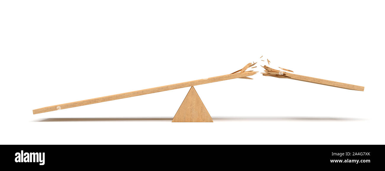Le rendu 3D d'un triangle seesaw fait de lumière avec une planche de bois cassée sur fond blanc.L'équipement de terrain. Poids lourds. Le travail et les loisirs misb Banque D'Images Le rendu 3D d'un triangle seesaw fait de lumière avec une planche de bois cassée sur fond blanc.L'équipement de terrain. Poids lourds. Le travail et les loisirs misb Banque D'Images
