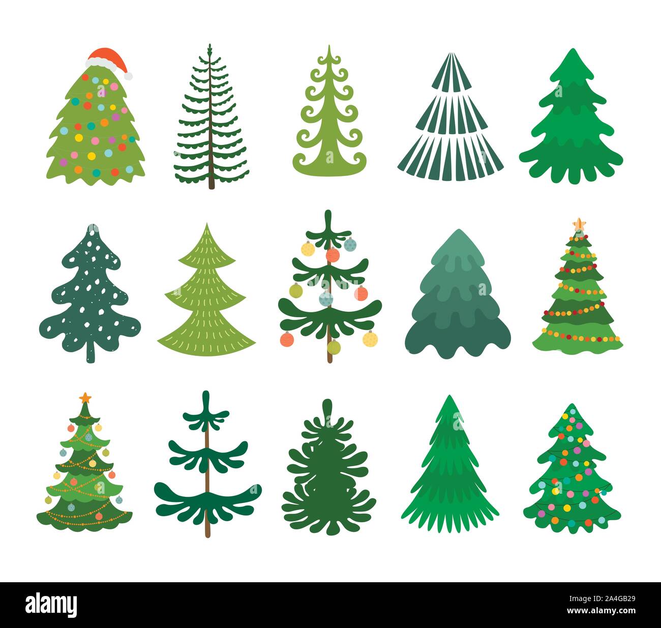 Ensemble arbre de Noël. Arbres de Noël décorés. Hiver fêtes vert sapin avec décoration guirlande. Illustration vectorielle isolée. Illustration de Vecteur