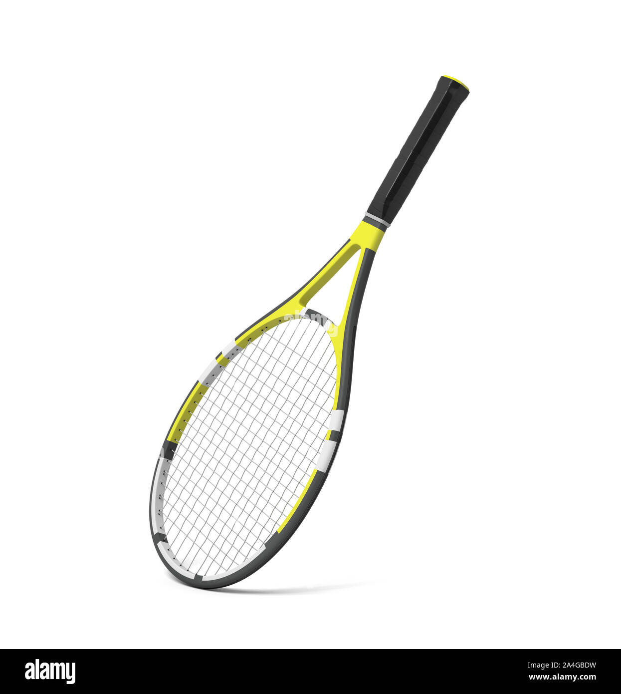 Le rendu 3D d'une raquette de tennis professionnel avec rayures noires et jaunes. Banque D'Images