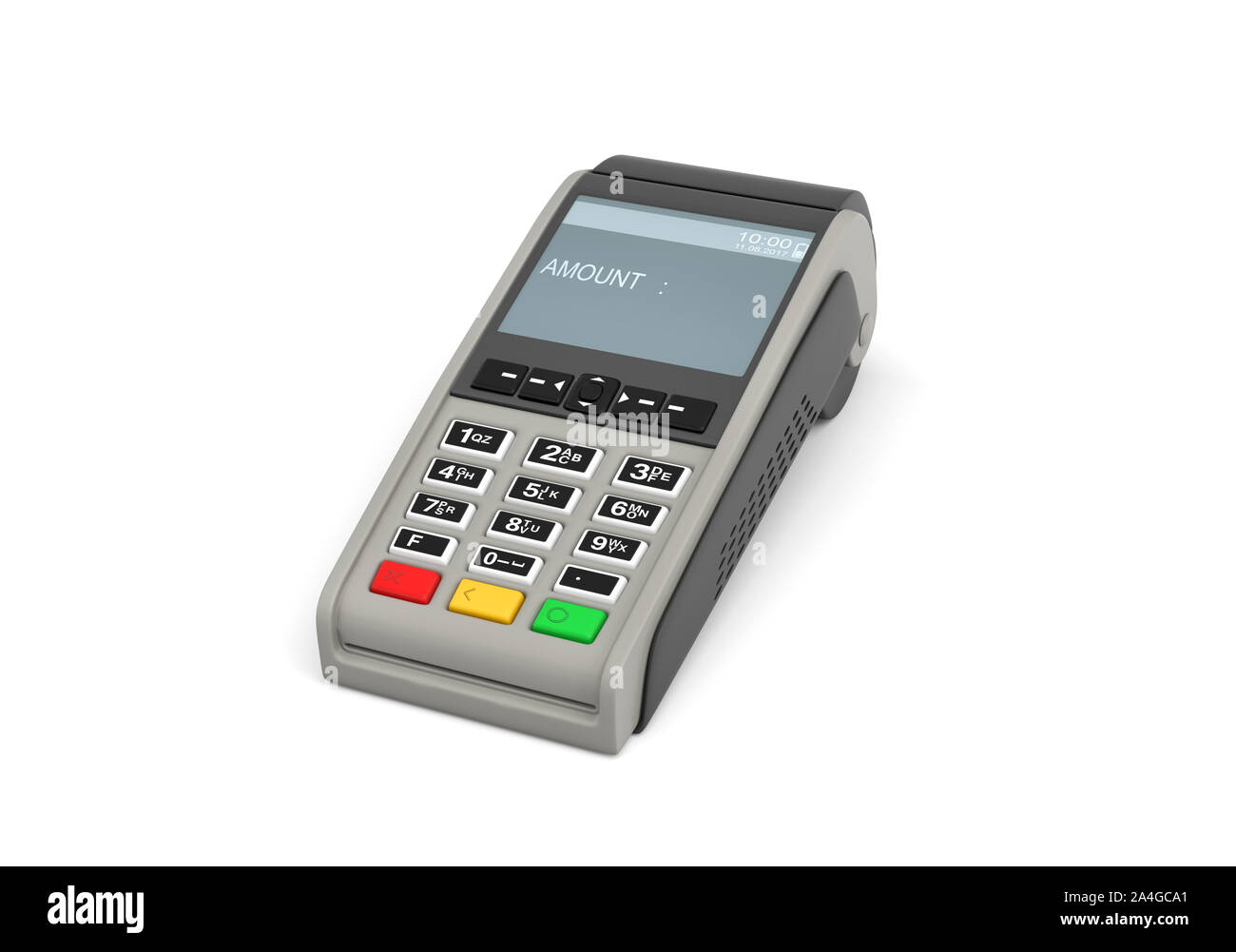 Le rendu 3D d'un terminal de paiement carte vide en vue de côté, isolé sur fond blanc. Banque D'Images