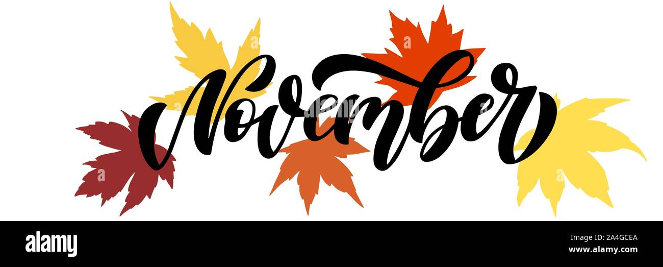 Novembre, script élégant et peu d'éléments décoratifs feuilles d'érable. Pinceau à la main pour l'automne lettrage événements, affiches et bannières. Vector Illustration de Vecteur