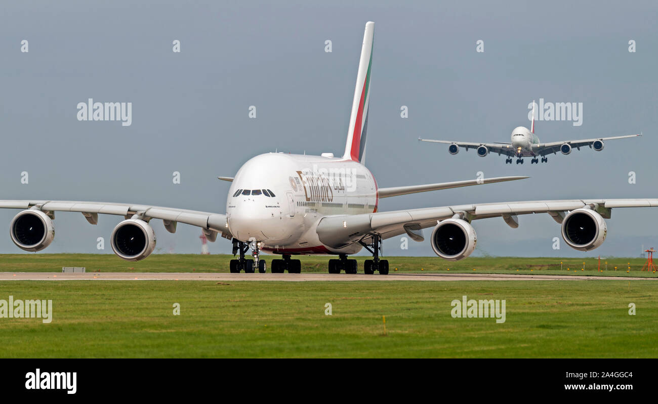 Unis, Airbus A380-861, l'EXPO 2020, A6-d'utilisation finale à l'aéroport de Manchester Banque D'Images