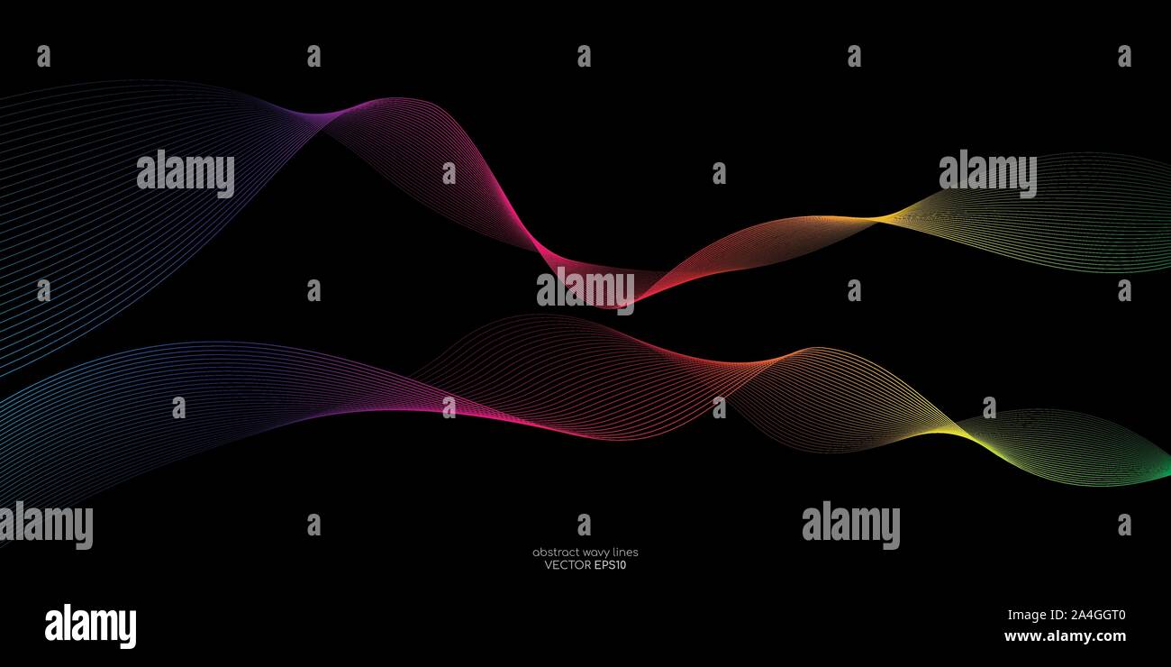 Titre Résumé motif de lignes courbes de lumière colorée dynamique circulant isolé sur fond noir. Vector illustration design concept dans l'élément de la musique Illustration de Vecteur