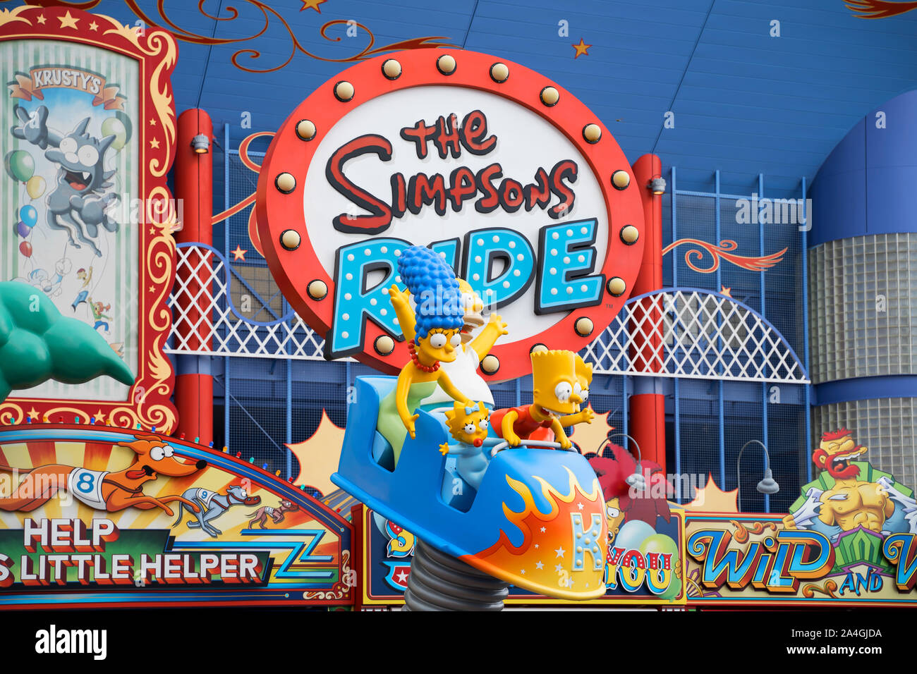 The Simpsons Ride, la réalité virtuelle, des promenades en montagnes russes Krustyland, CityWalk à Universal Studios, Orlando, Floride, USA Banque D'Images