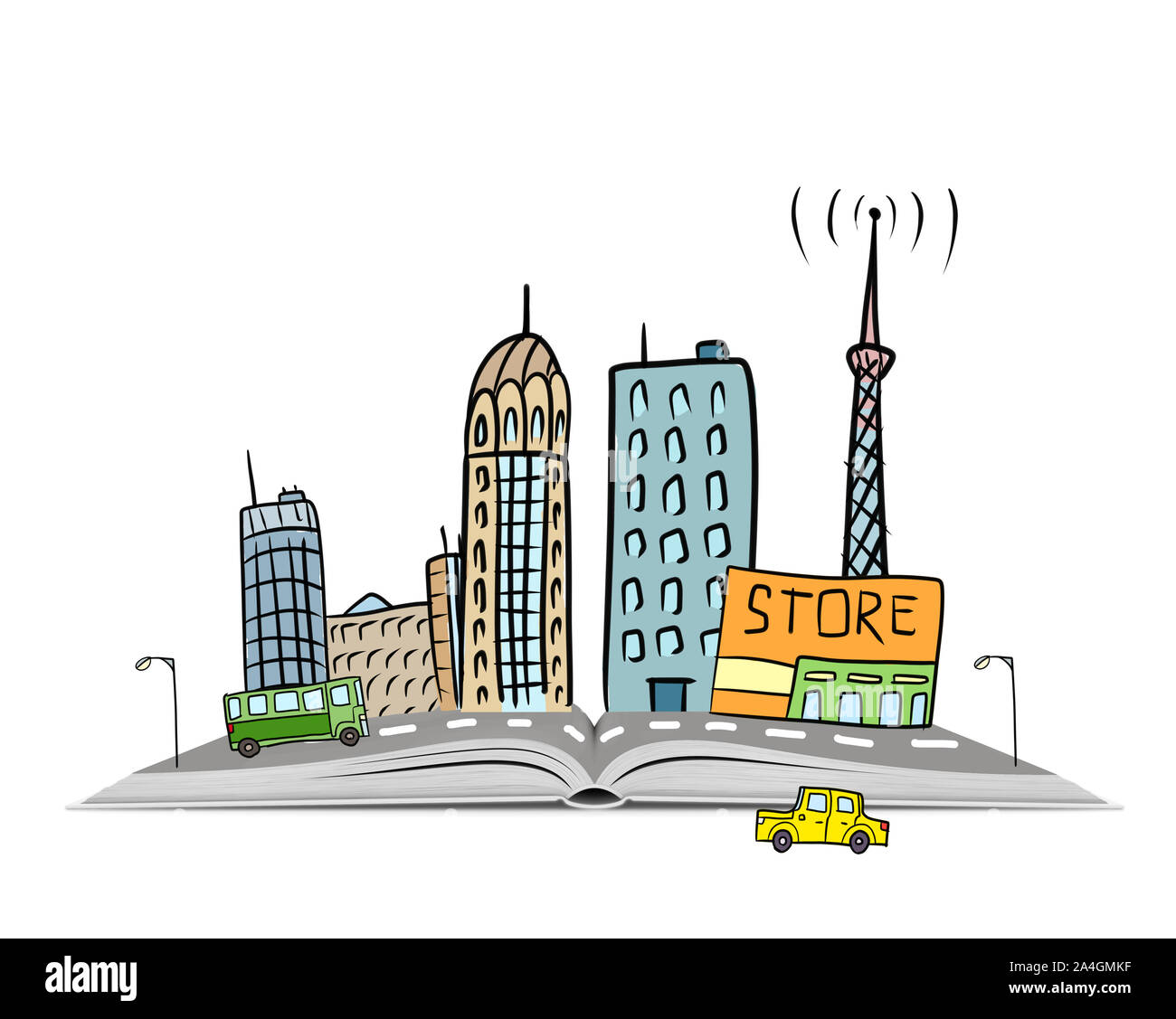 Scène urbaine dessiné à la main avec les immeubles, les voitures et une route sur un livre ouvert Banque D'Images