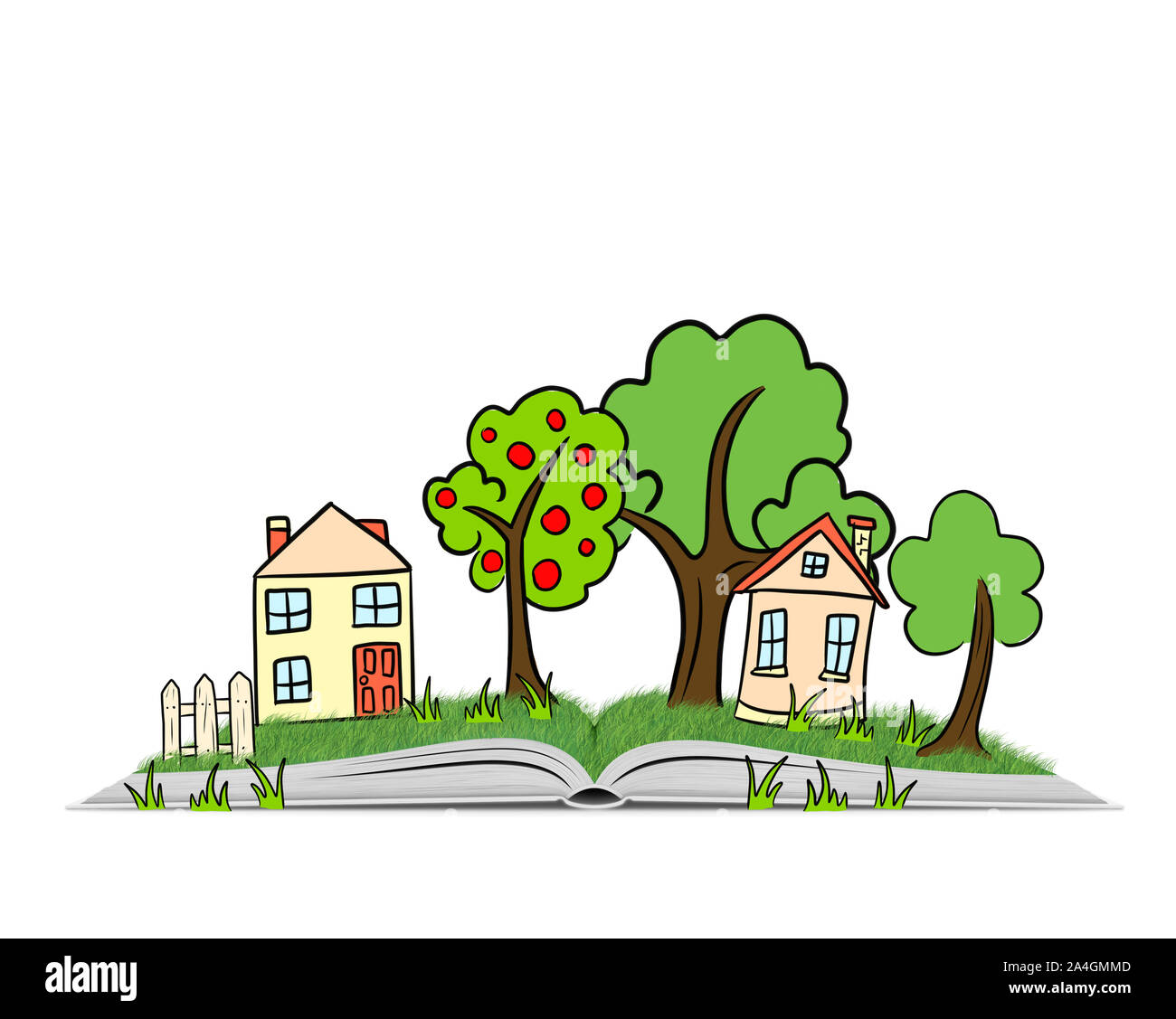 Scène de village dessiné à la main avec des arbres, des maisons et de l'herbe sur un livre ouvert Banque D'Images