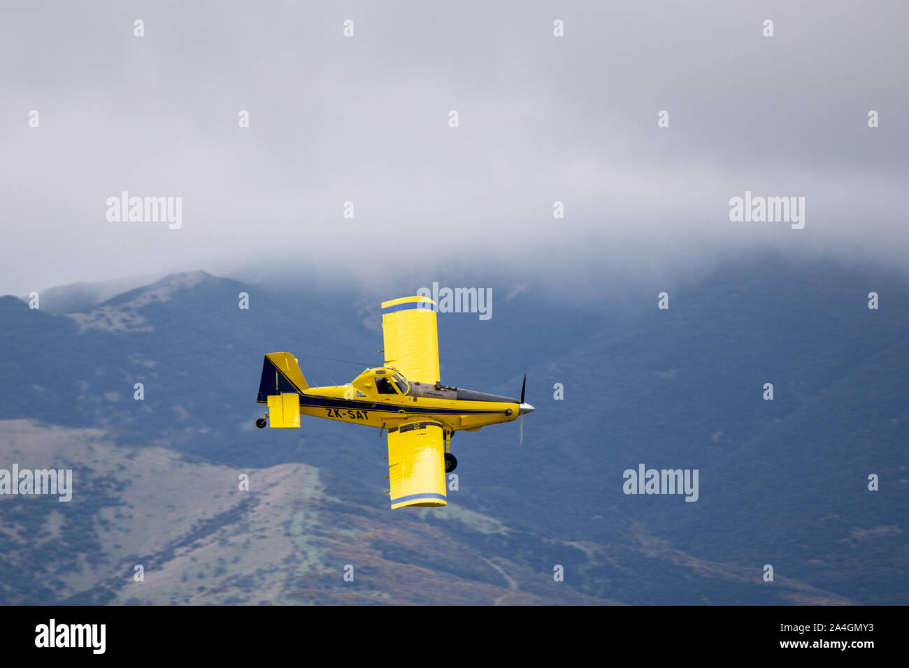 Sheffield, Canterbury, Nouvelle-Zélande, le 14 octobre 2019 : Une récolte jaune duster, ou plan de surface l'engrais, s'étend sur les cultures dans un champ agricole Banque D'Images