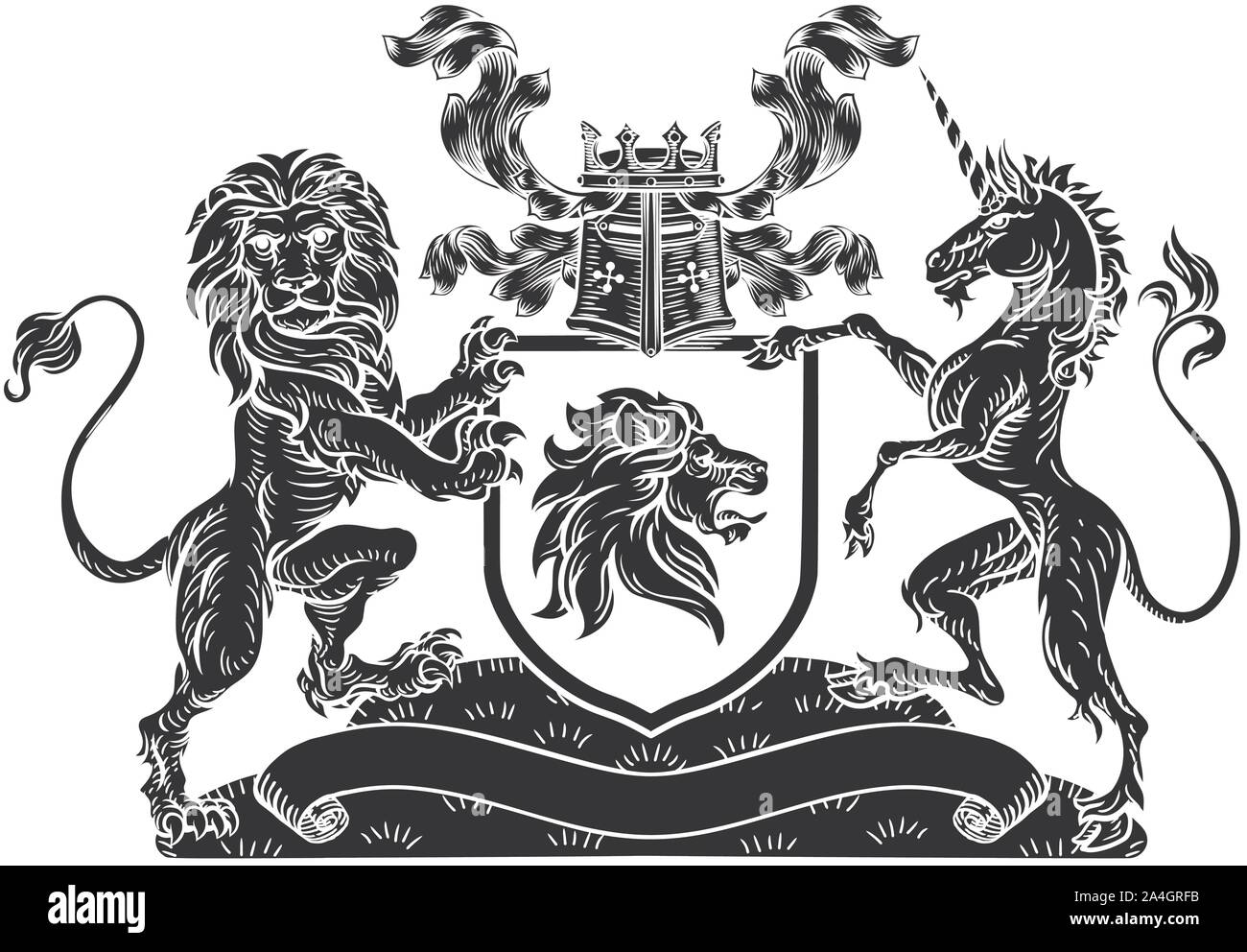 Licorne Lion Crest Armoiries Bouclier Héraldique Illustration de Vecteur