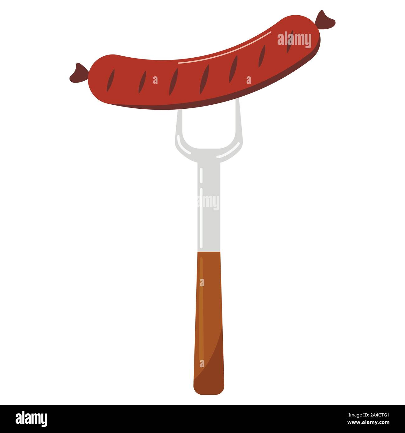 Vector illustration of food design plat saucisse chaude sur une icône de fourche isolé sur fond blanc. Saucisses grillées modèle pour site web, invitation à une fête. Illustration de Vecteur