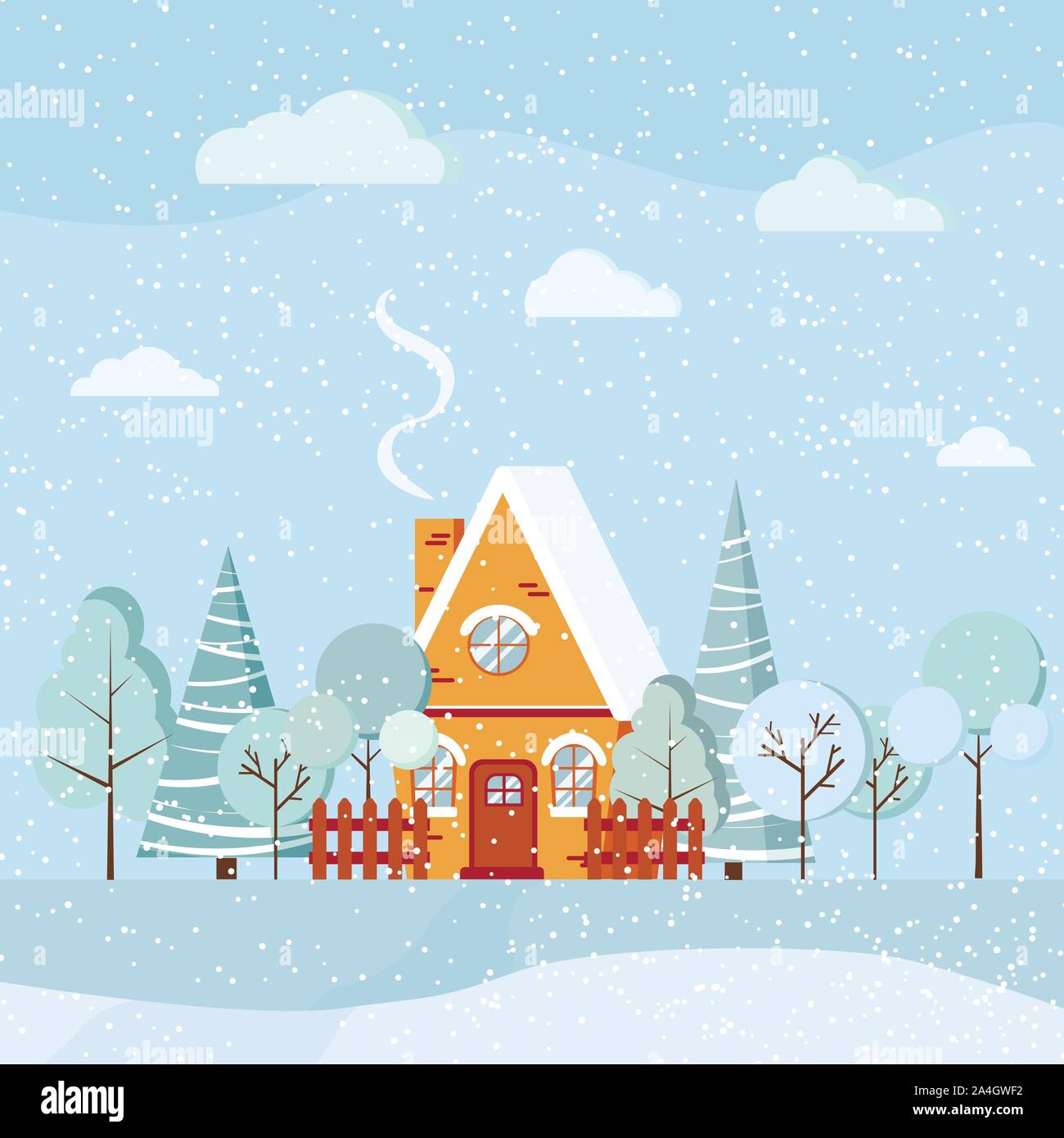 Paysage Hiver Neige Scene Avec Maison De Campagne Avec De La Fumee De Cheminee Les Arbres D Hiver D Epiceas Nuages Neige En Cartoon Style Plat Zone De Vecteur De Noel Image Vectorielle Stock