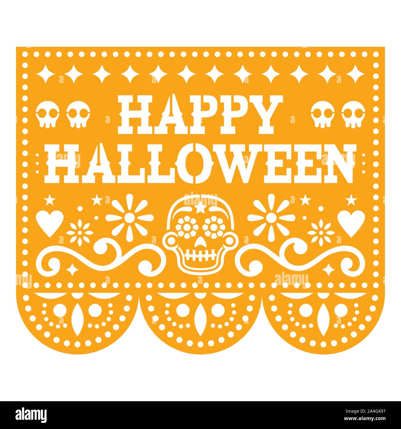 Happy Halloween papel picado design avec des crânes de sucre mexicain, découper le papier de fond de fleurs et guirlande de crânes Illustration de Vecteur