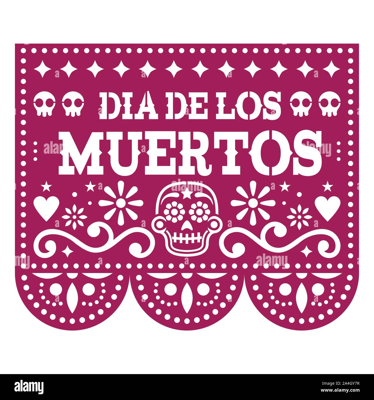 Dia de los Muertos - Jour des Morts papel picado design avec des crânes de sucre mexicain, découper le papier de fond de fleurs et guirlande de crânes Illustration de Vecteur