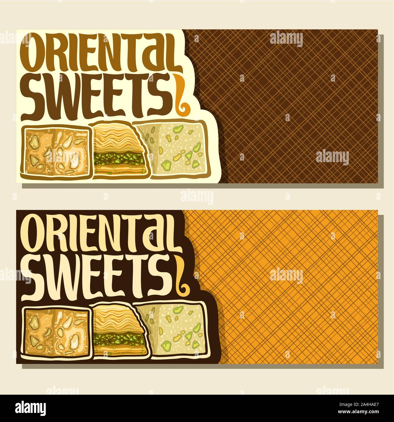 Bannières vecteur pour les sucreries orientales avec copie espace, flyer pour l'est de la patisserie avec brosse d'origine des mots typographiques les sucreries et de turc oriental Illustration de Vecteur