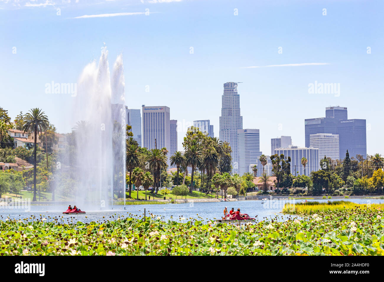 Pédalos sur le lac sur une journée ensoleillée dans Echo Park, près du centre-ville de Los Angeles, Californie Banque D'Images