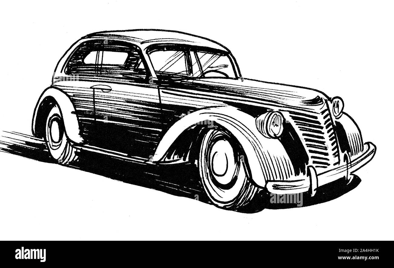 Voiture rétro. Dessin noir et blanc Encre Banque D'Images