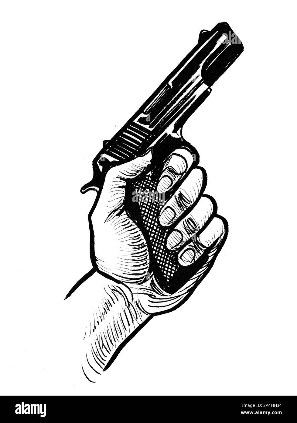 Main tenant une arme à feu. Dessin noir et blanc Encre Photo Stock - Alamy