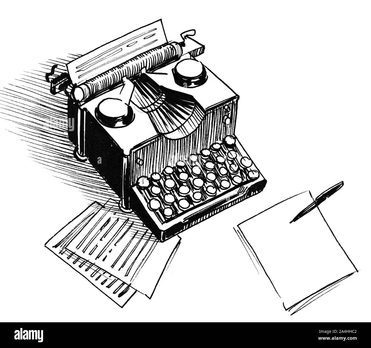 Machine de frappe rétro, stylo et feuilles de papier. Dessin noir et blanc Encre Banque D'Images