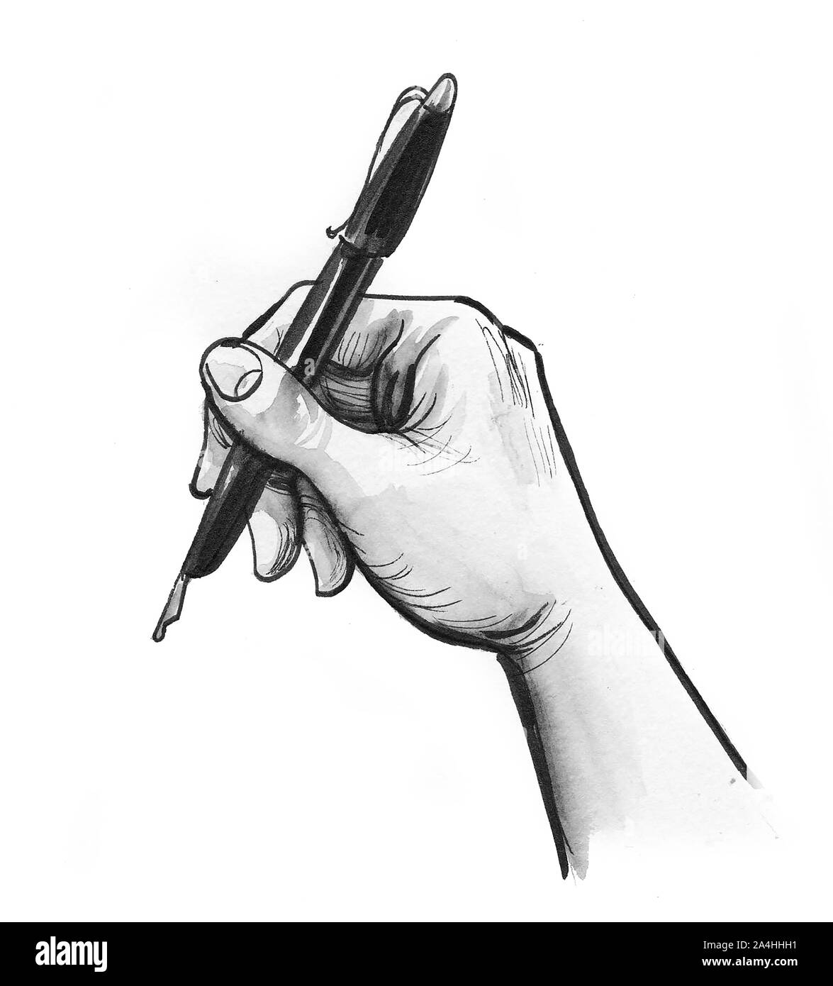 La main avec un stylo. Encre et aquarelle illustration Photo Stock - Alamy