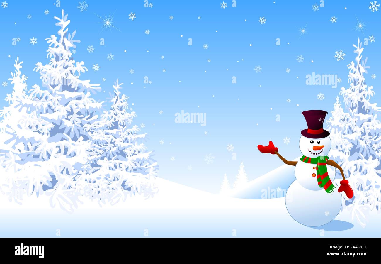 Bonhomme de neige dans un chapeau se félicite dans le contexte d'une forêt enneigée en hiver. Bonhomme de neige sur l'arrière-plan de sapins et flocons. Invitation de Noël. Illustration de Vecteur