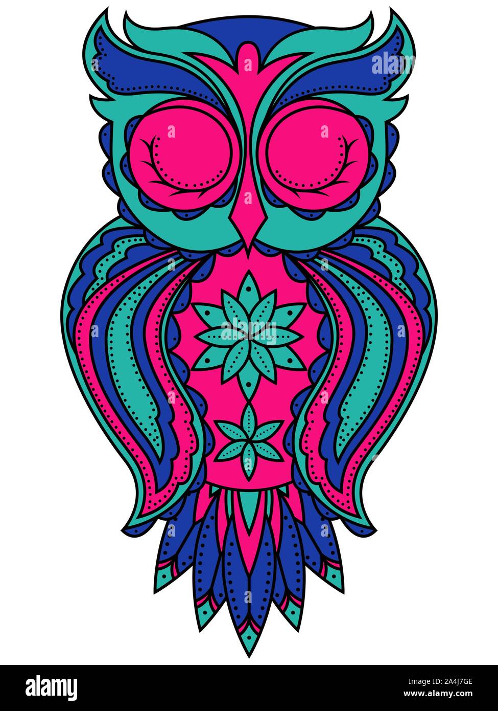 Amusant grand hibou avec long bec et yeux clos en turquoise, les couleurs bleu et rose isolé sur le fond blanc, cartoon illustration vectorielle Illustration de Vecteur