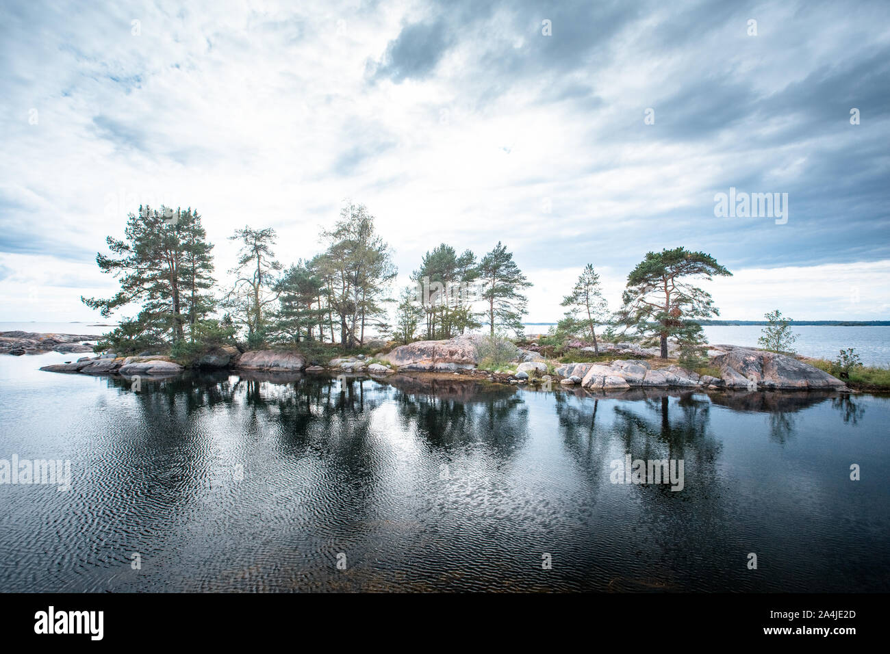 Les arbres sur l'île en Suède avec la réflexion d'un ciel nuageux Banque D'Images