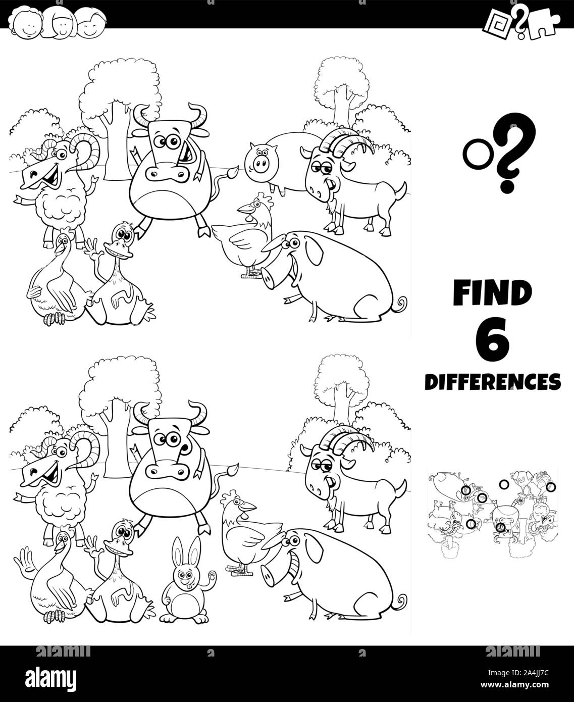 Illustration Cartoon noir et blanc de trouver les différences entre les images jeu éducatif pour les enfants ayant des caractères des animaux de ferme Coloring Book Illustration de Vecteur