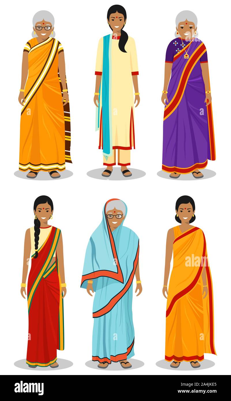 Femme indienne. Ensemble de différents standing vieux, et les jeunes femmes adultes dans la traditionnelle tenue nationale isolé sur fond blanc dans un style plat Illustration de Vecteur