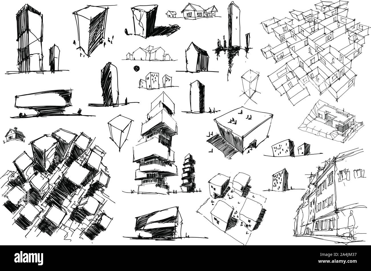 De nombreux croquis dessinés à la main d'un architectectural moderne abstrait architecture nad objets géométriques et des idées et projets urbains Illustration de Vecteur