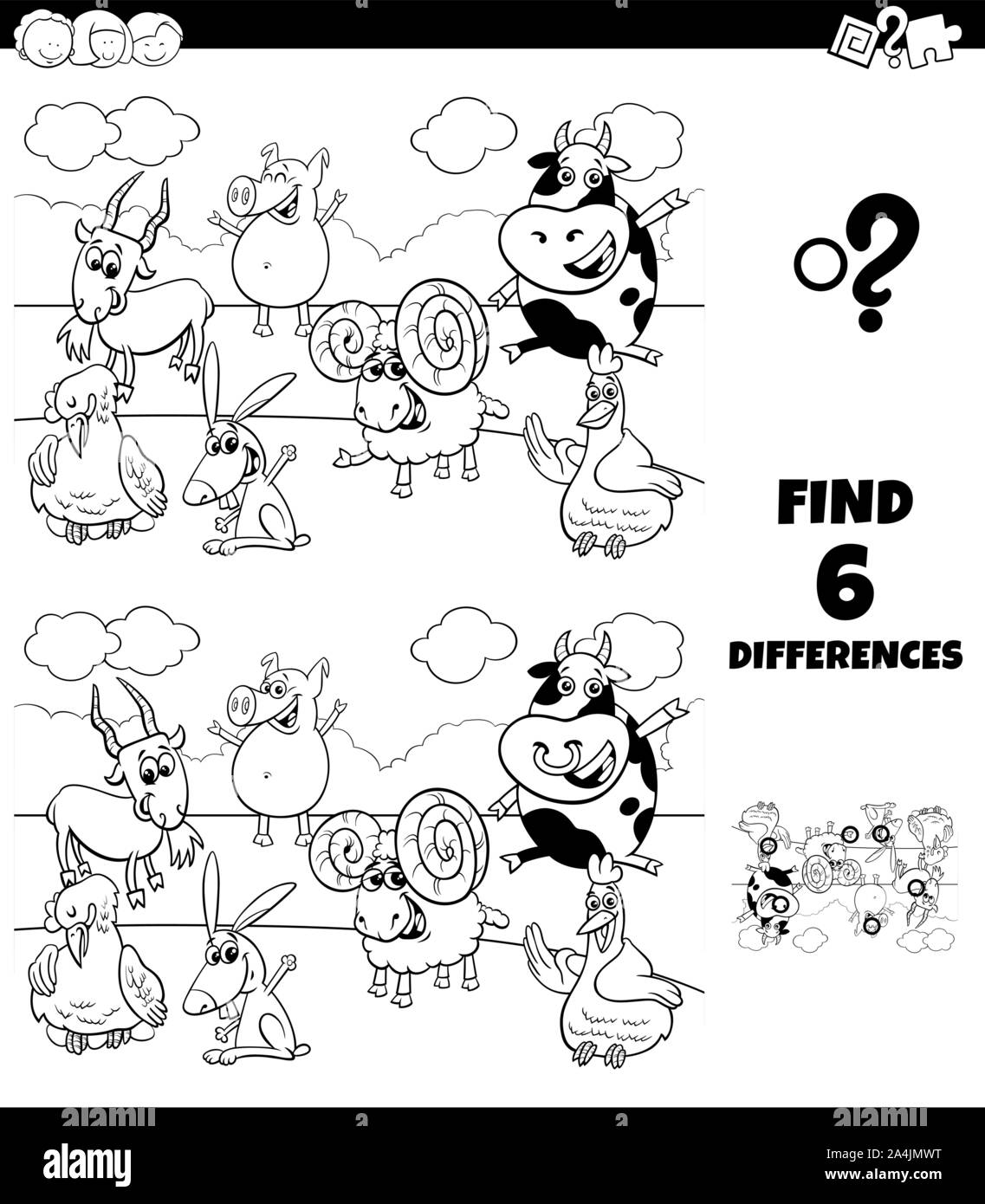 Illustration Cartoon noir et blanc de trouver les différences entre les images jeu éducatif pour enfants avec des animaux de ferme coloriage personnages drôles Illustration de Vecteur