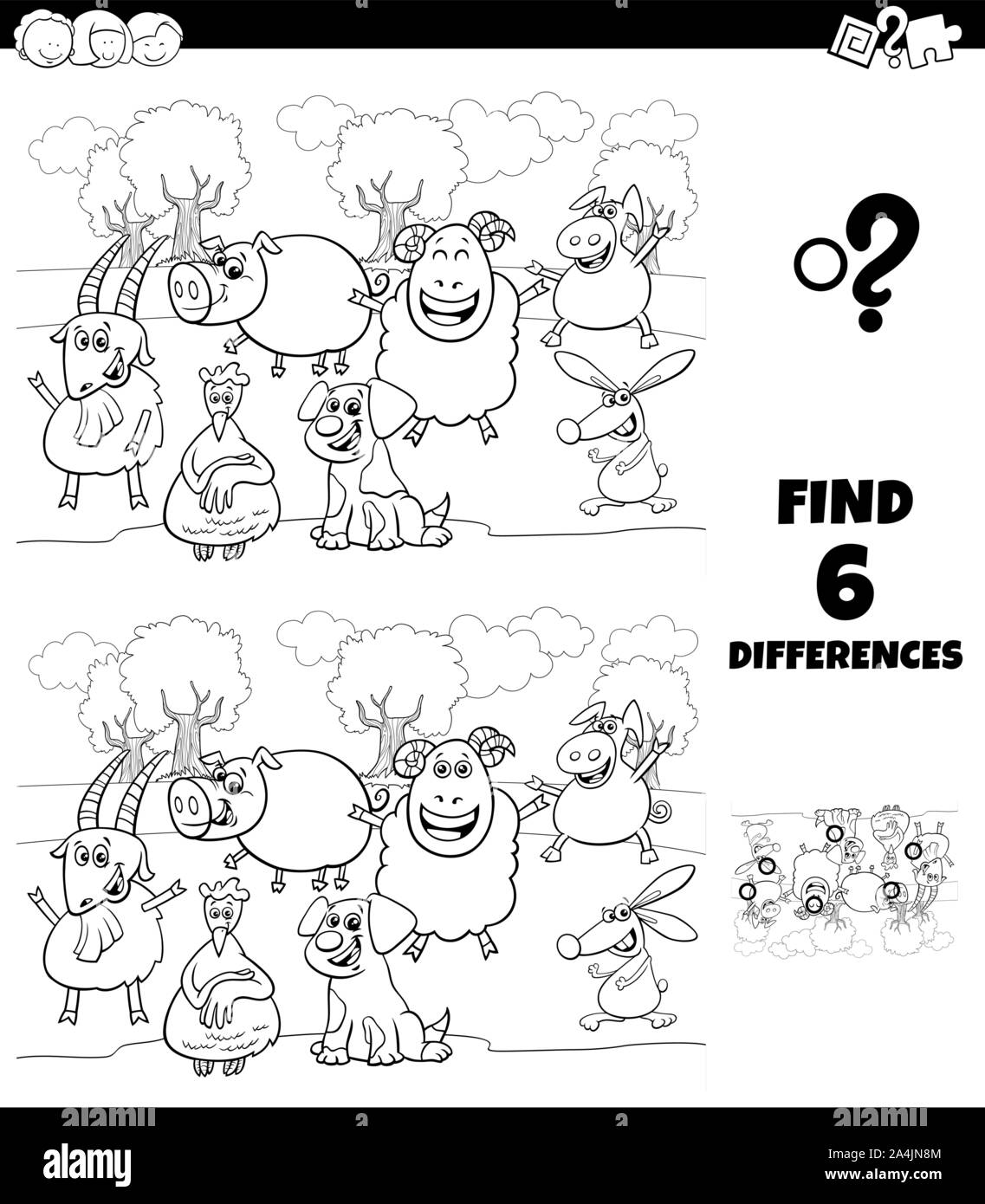Illustration Cartoon noir et blanc de trouver les différences entre les images jeu éducatif pour enfants avec des animaux de ferme Coloriage Personnages heureux Illustration de Vecteur