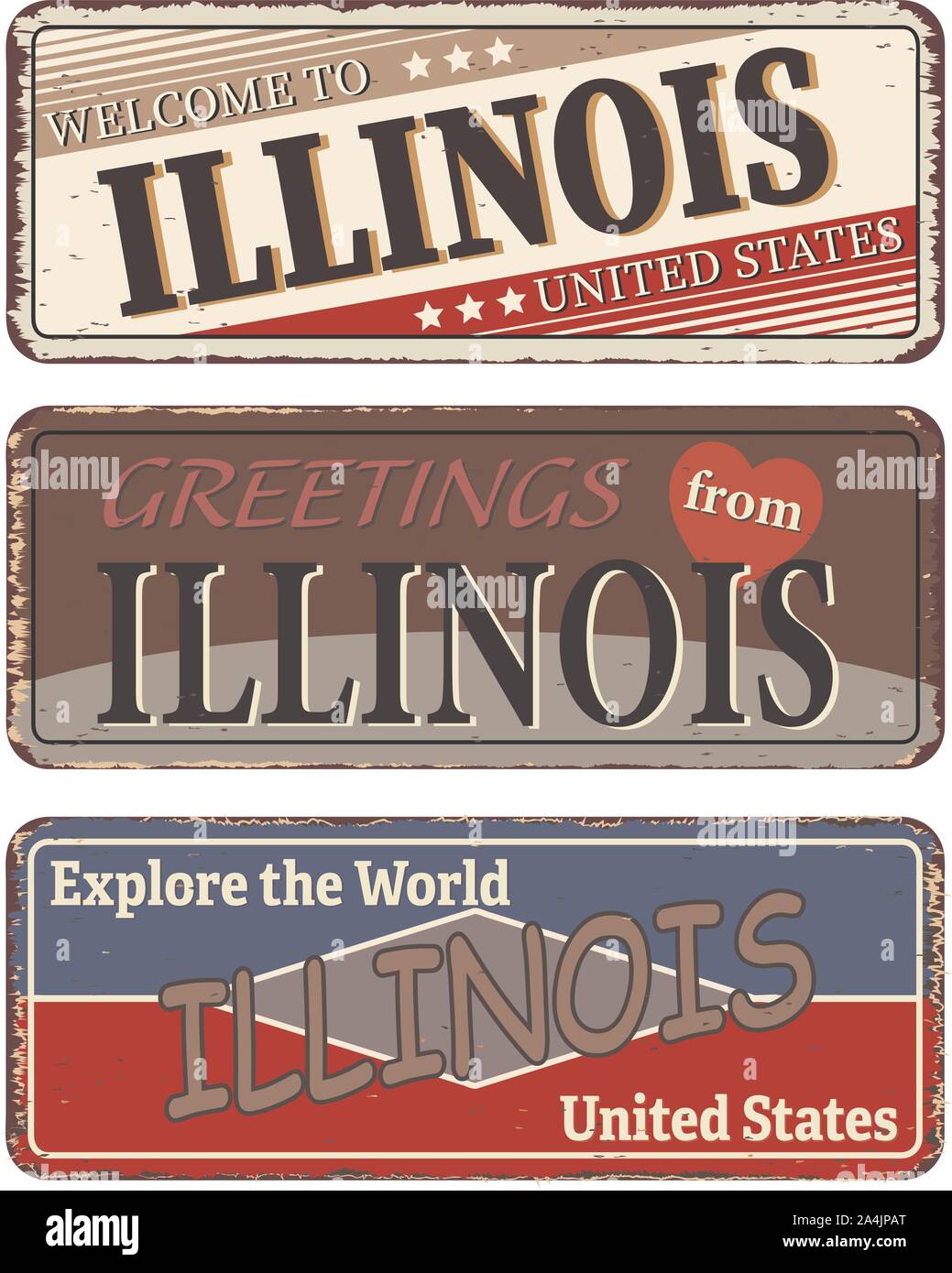 Vintage tin sign collection avec nous. État de l'Illinois. Retro de souvenirs ou de vieux papier carte postale des modèles sur fond rouille Illustration de Vecteur
