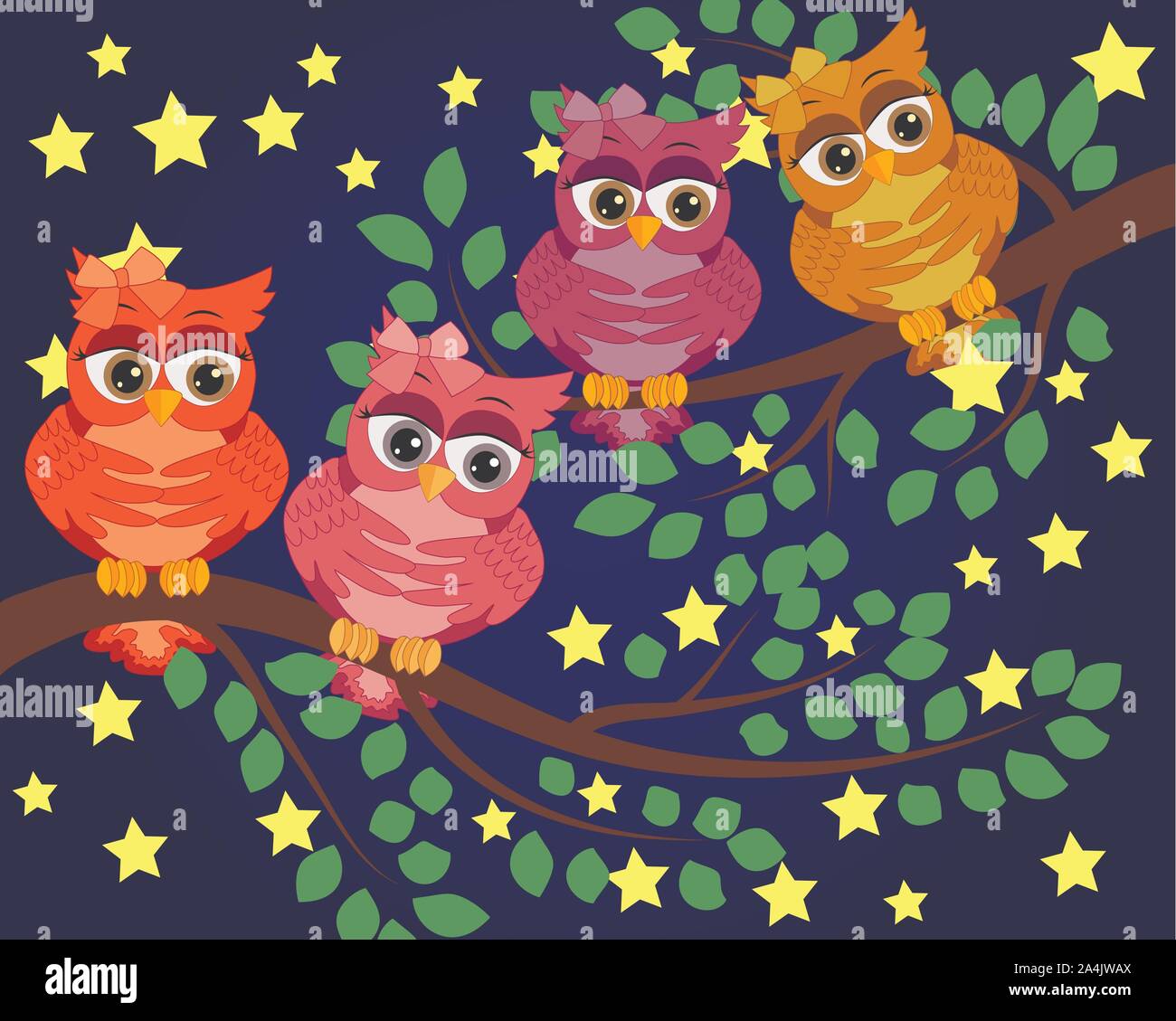 Bonne Nuit Et Doux Reves Scene De Nuit Avec Lune Et Etoiles Owl Hibou Sur La Branche Lune Faite De Stars La Nature Image Vectorielle Stock Alamy
