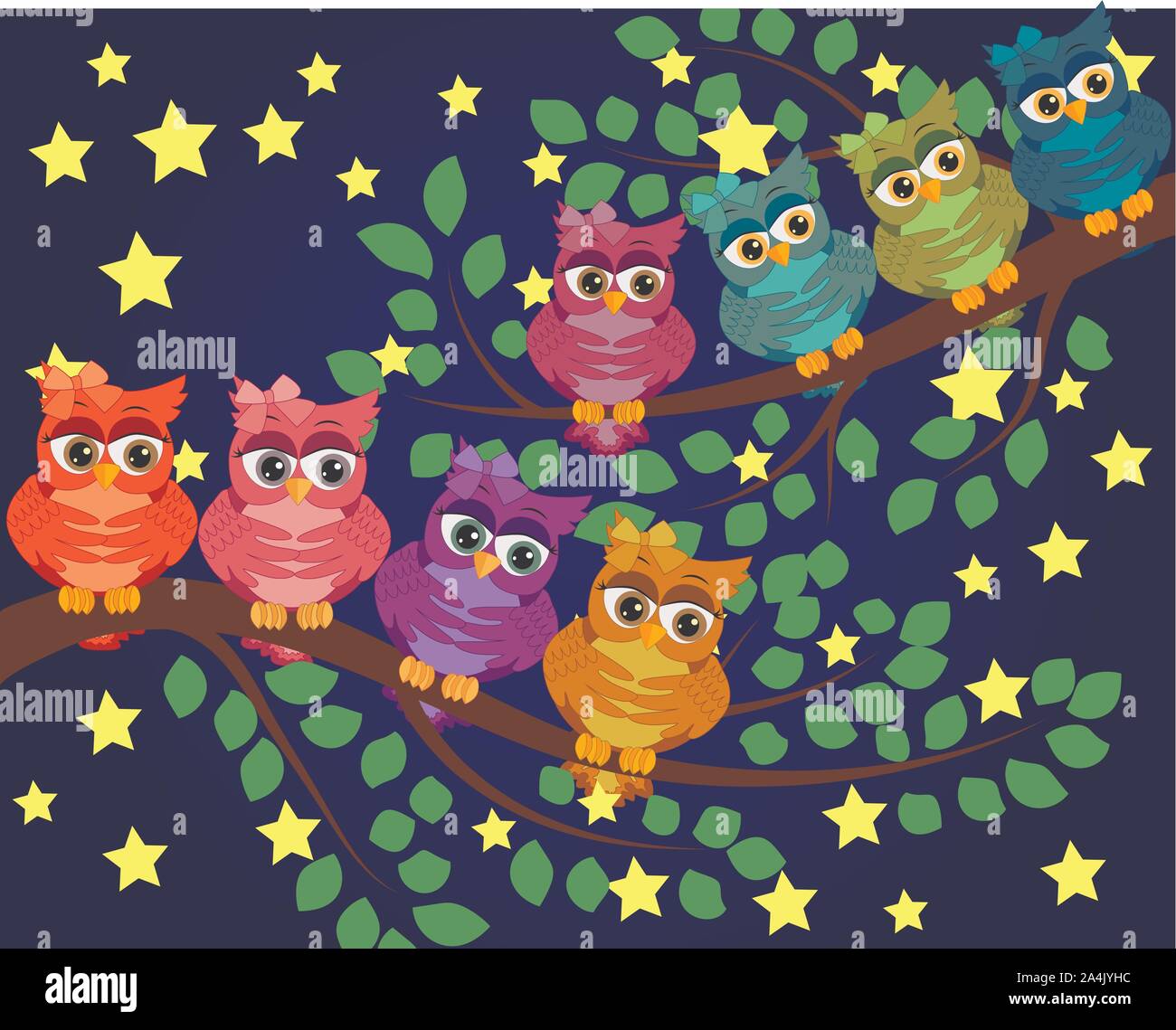 Bonne Nuit Et Doux Reves Scene De Nuit Avec Lune Et Etoiles Owl Hibou Sur La Branche Lune Faite De Stars La Nature Image Vectorielle Stock Alamy