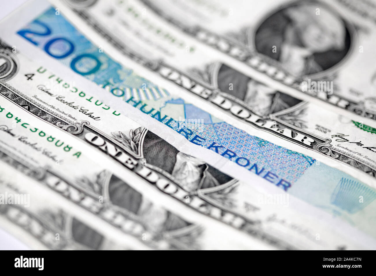 Close up of Norwegian Kroner et billets en euros, dollars US Banque D'Images Close up of Norwegian Kroner et billets en euros, dollars US Banque D'Images